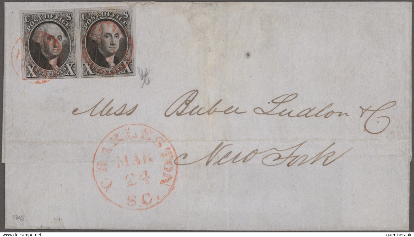 United States: 1847 'Washington' 10c Black Horizontal Pair, Used On Folded Cover - Lettres & Documents