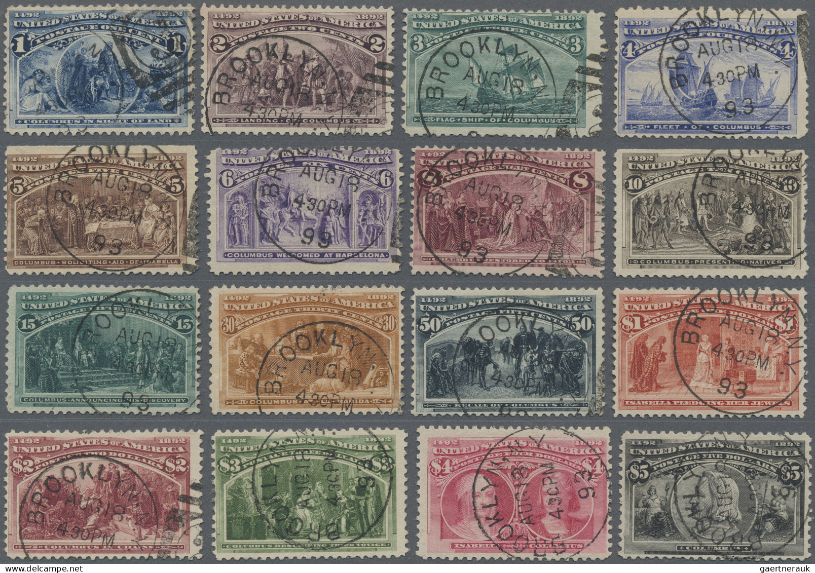 United States: 1893 'Columbus' Complete Set Of 16, All Cancelled By "BROOKLYN N. - Used Stamps