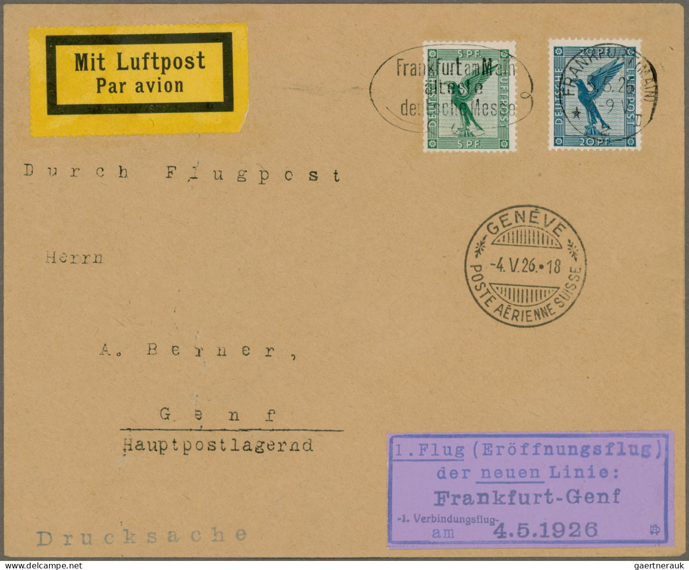 Air Mail - Germany: 1926,4.5., Erstflug Frankfurt-Genf Auf Drucksache-Brief Mit - Poste Aérienne & Zeppelin