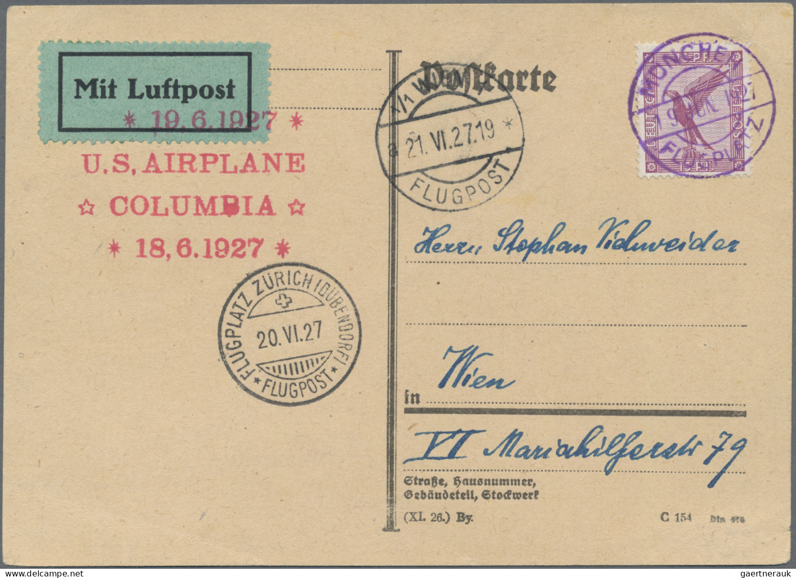 Air Mail - Germany: 1927, 18./19.6., Munich-Zürich-Vienna "Columbia" Flight, Fou - Luchtpost & Zeppelin