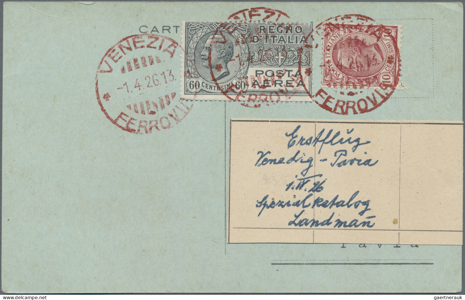 Airmail - Europe: ITALIEN, 1926, 1.4. Erstflug Venedig-Pavia (Sas.Nr.55d) Und Sp - Andere-Europa
