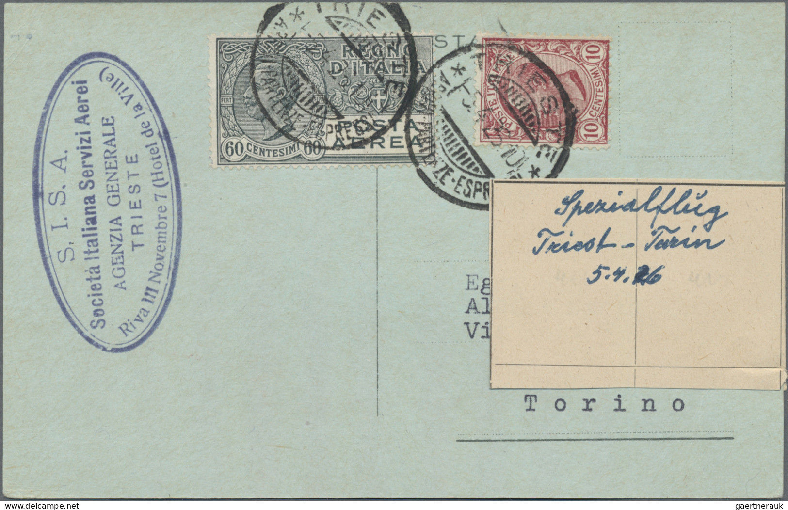 Airmail - Europe: ITALIEN, 1926, 1.4. Erstflug Venedig-Pavia (Sas.Nr.55d) Und Sp - Sonstige - Europa