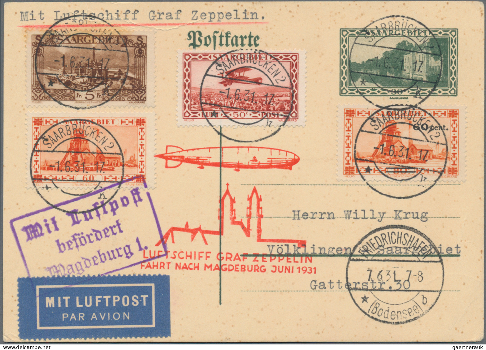 Zeppelin Mail - Germany: 1931, Magdeburgfahrt, Zuleitungspost Saargebiet, Ganzsa - Luchtpost & Zeppelin