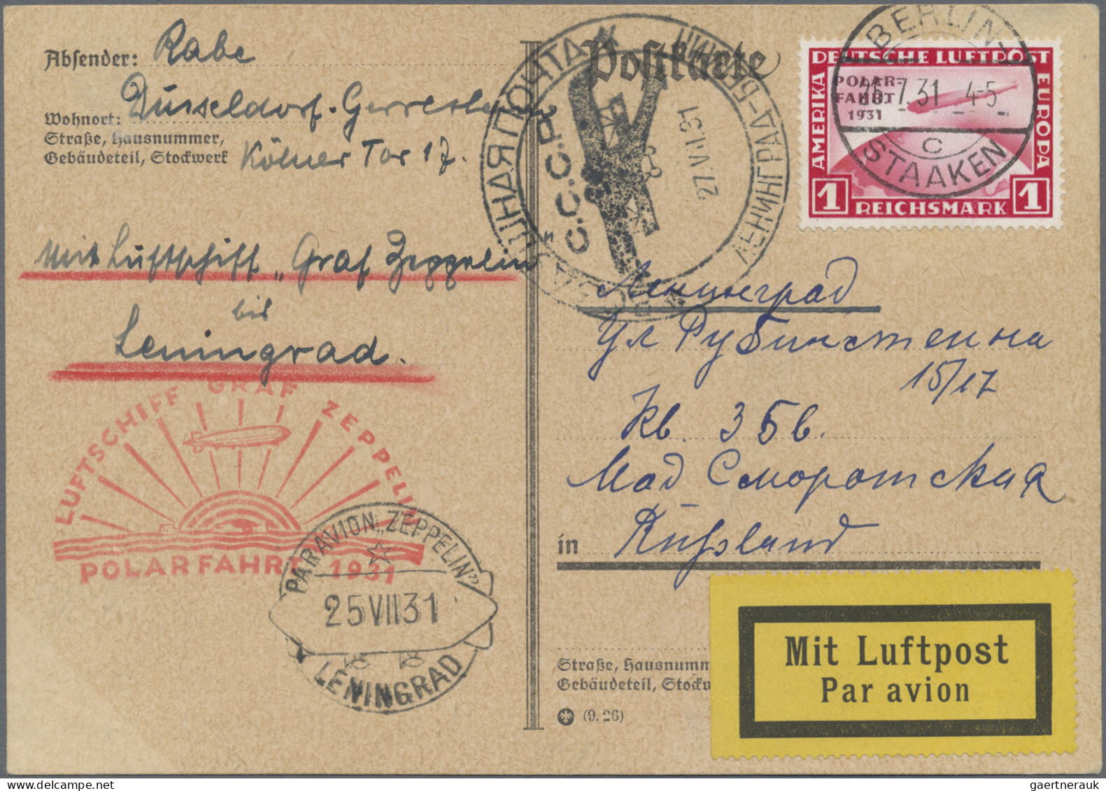 Zeppelin Mail - Germany: 1931, Polarfahrt, Rückfahrt, Abwurf Leningrad (Bordpost - Airmail & Zeppelin