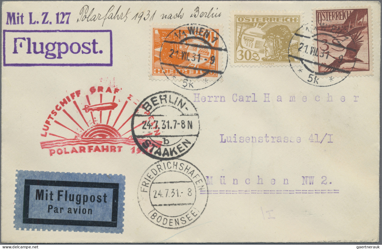 Zeppelin Mail - Germany: 1931, Polarfahrt, Zuleitungspost Österreich, Zwei Brief - Poste Aérienne & Zeppelin