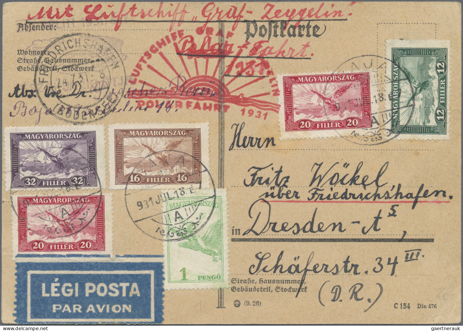 Zeppelin Mail - Germany: 1931, Polarfahrt, Zuleitung Ungarn, Karte Von Friedrich - Poste Aérienne & Zeppelin