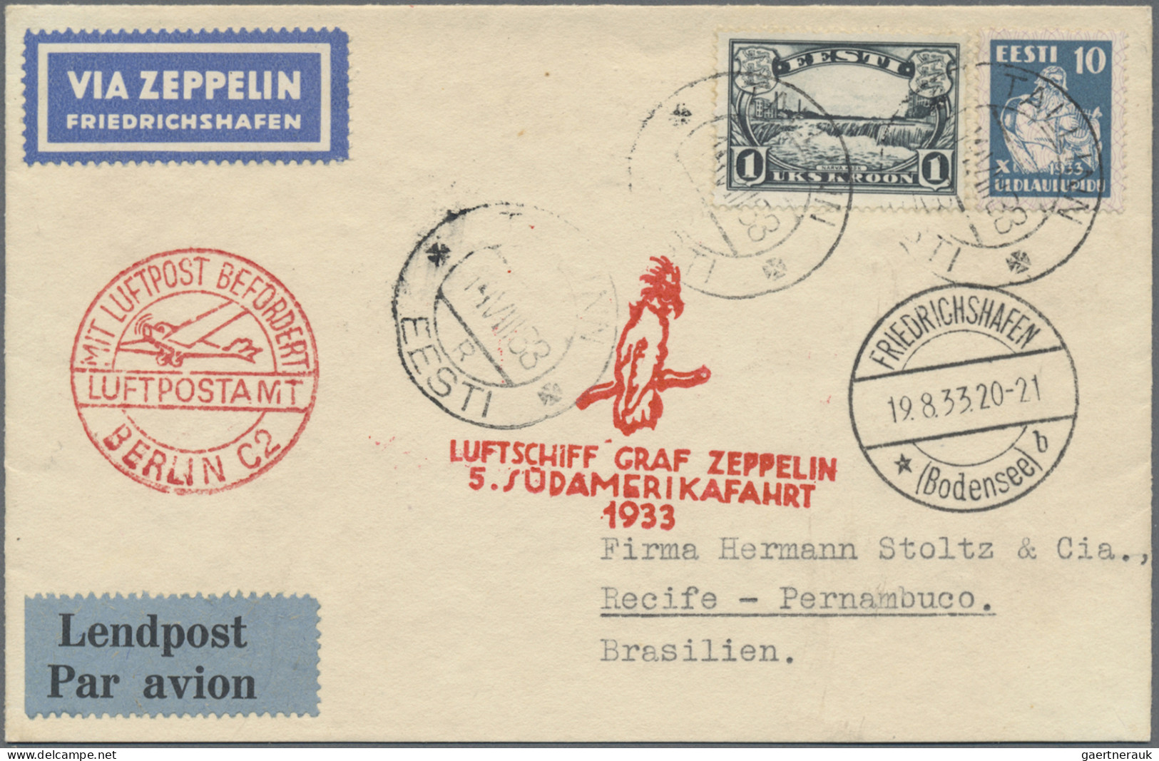 Zeppelin Mail - Germany: 1933, 5. Südamerikafahrt, ESTLAND, Mit Berlin Transit U - Correo Aéreo & Zeppelin