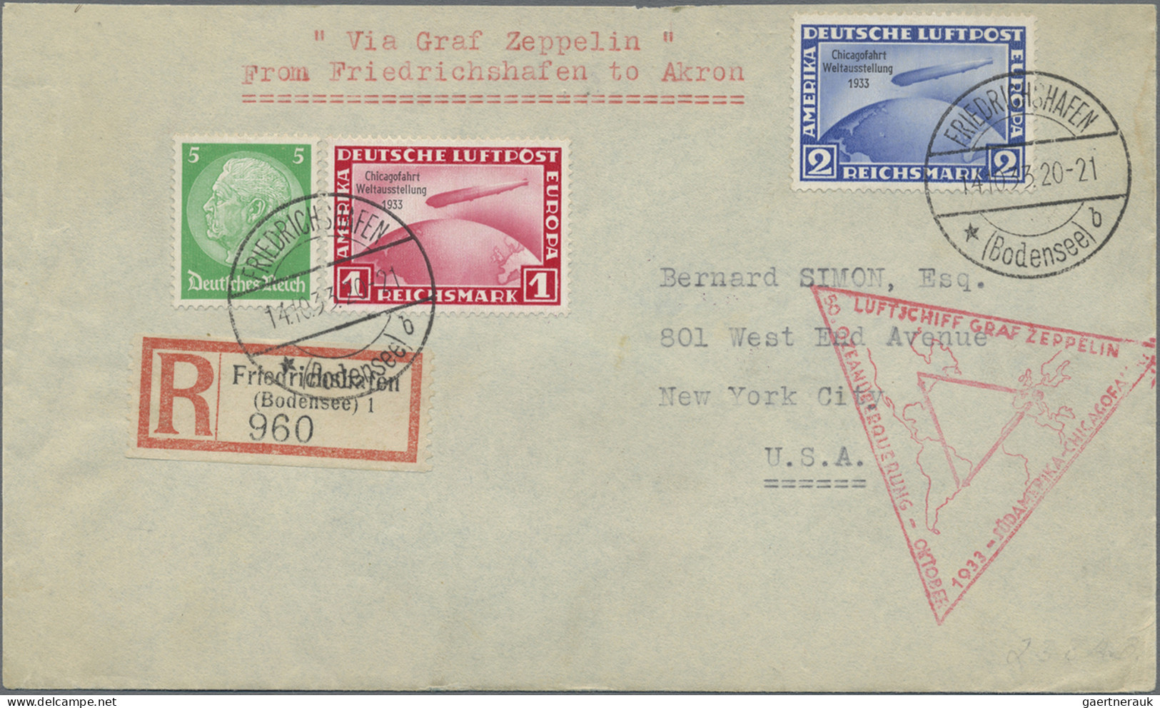 Zeppelin Mail - Germany: 1933, Chicagofahrt, 1 Und 2 M Zusammen Mit 5 Pf Hindenb - Airmail & Zeppelin