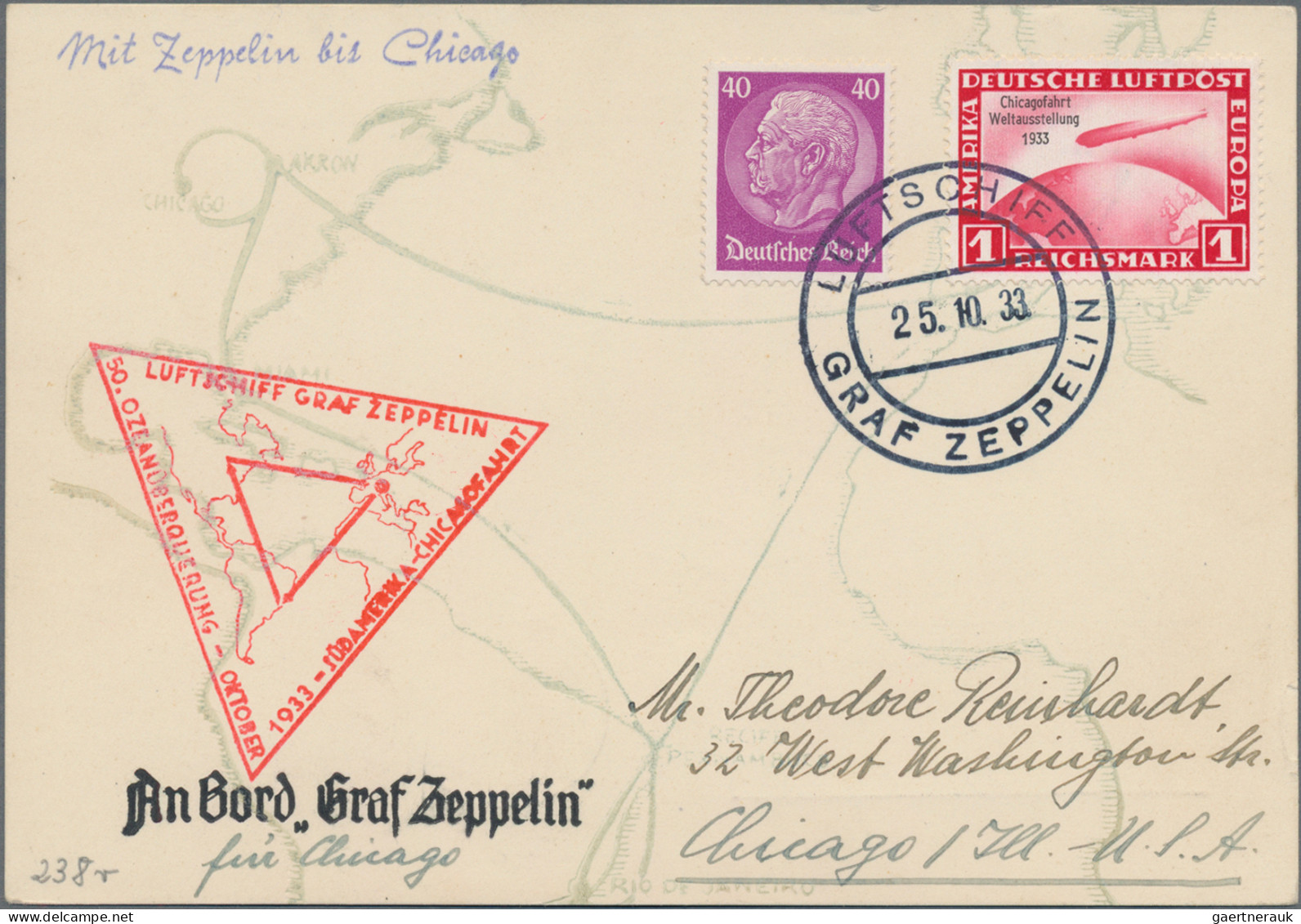 Zeppelin Mail - Germany: 1933, Chicagofahrt, Bordpost Vom 25.10.33 Etappe Akron- - Poste Aérienne & Zeppelin