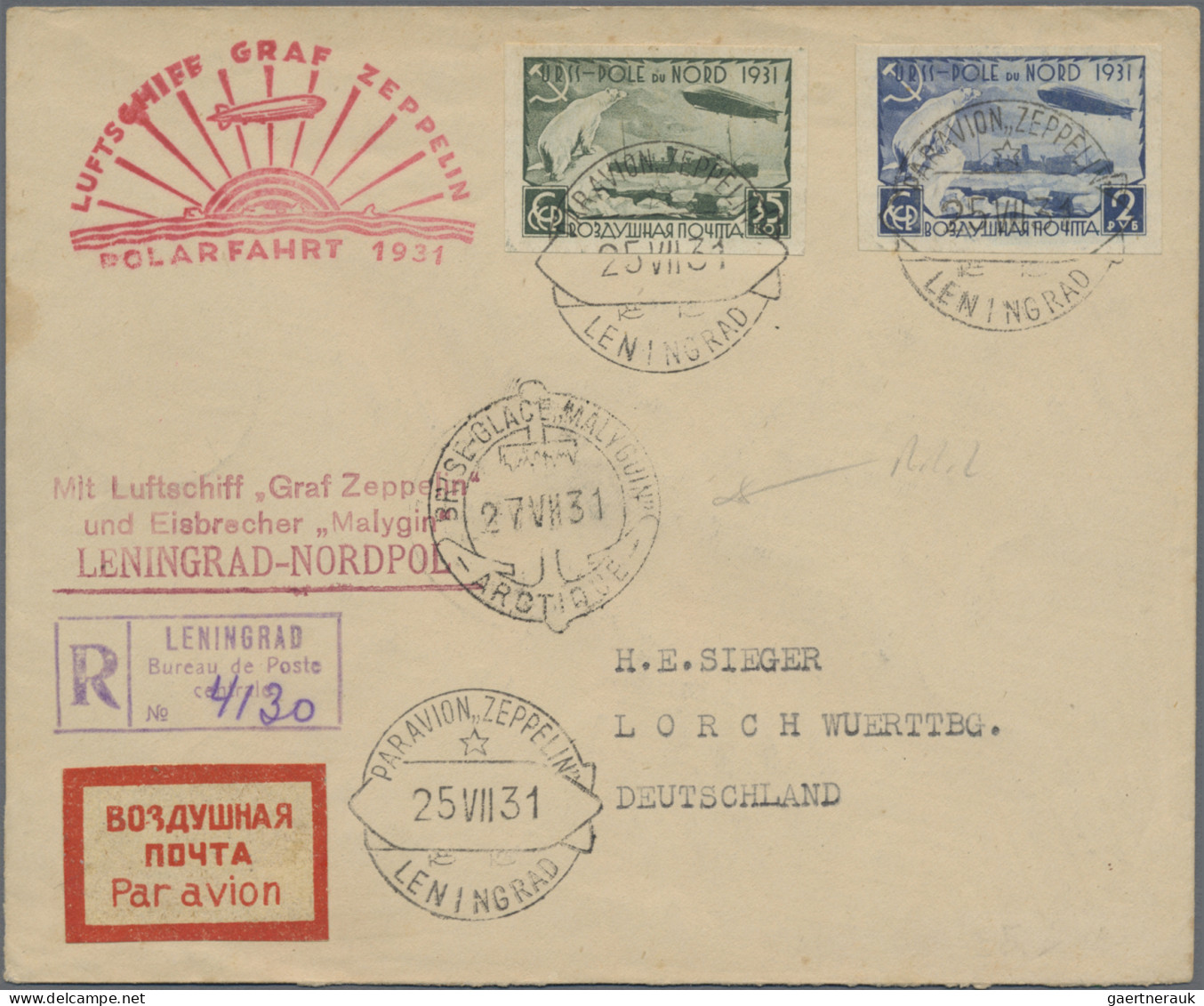 Zeppelin Mail - Europe: 1931, July, Two Registered Covers Polarfahrt 1931 (Lenin - Andere-Europa