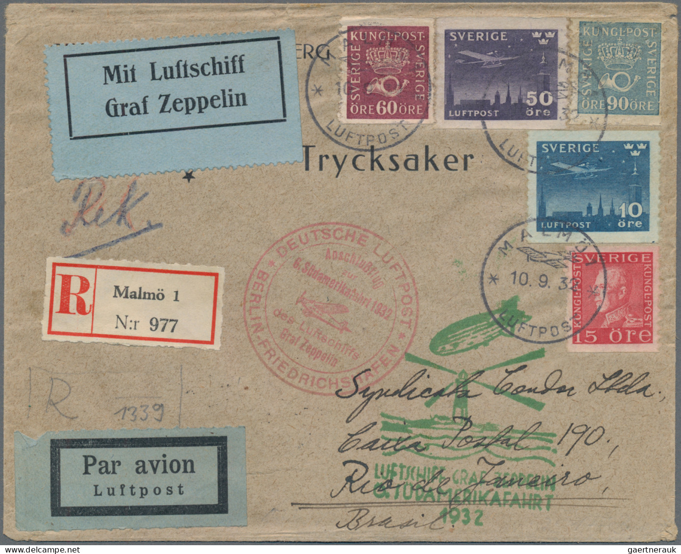Zeppelin Mail - Europe: 1932, 6. Südamerikafahrt, Zuleitung Schweden Mit Anschlu - Europe (Other)