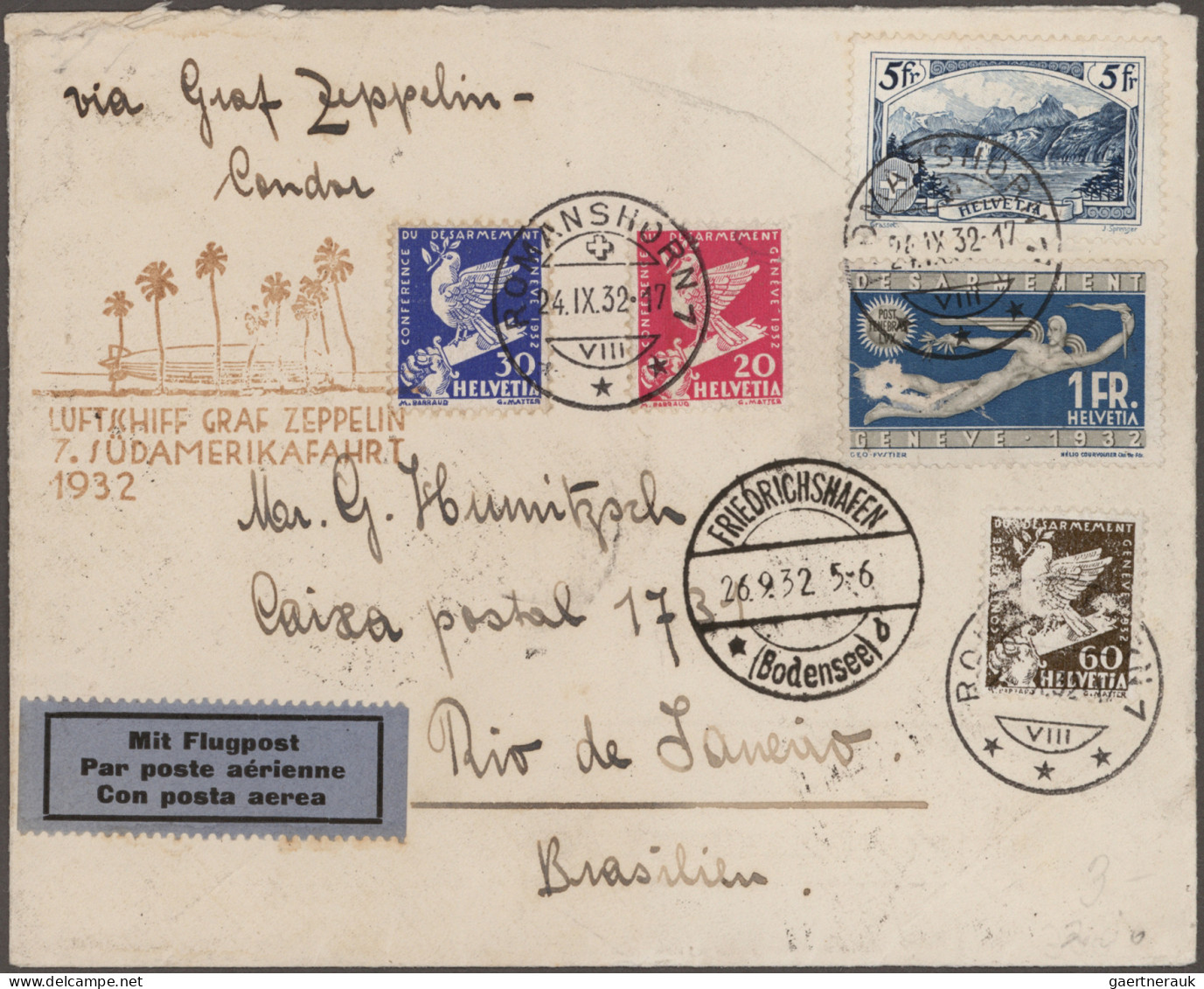 Zeppelin Mail - Europe: 1932, 7. Südamerikafahrt, 5 Marken Als 7,10 Fr.-Frankatu - Europe (Other)