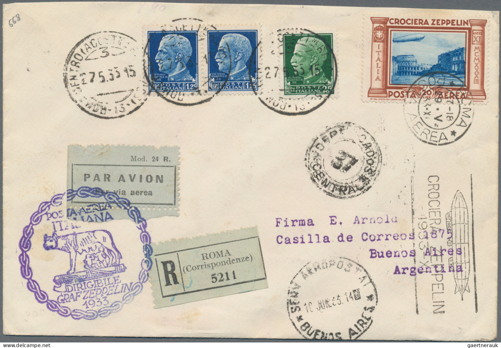 Zeppelin Mail - Europe: 1933, Italienfahrt, Pracht-R-Brief Mit 20 L. Zeppelin Un - Otros - Europa