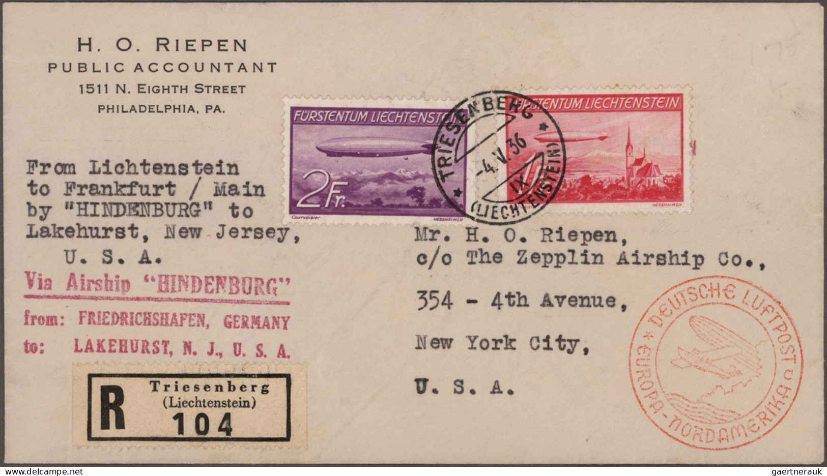 Zeppelin Mail - Europe: 1936, 1. Nordamerikafahrt, LIECHTENSTEIN, Registered Fra - Autres - Europe