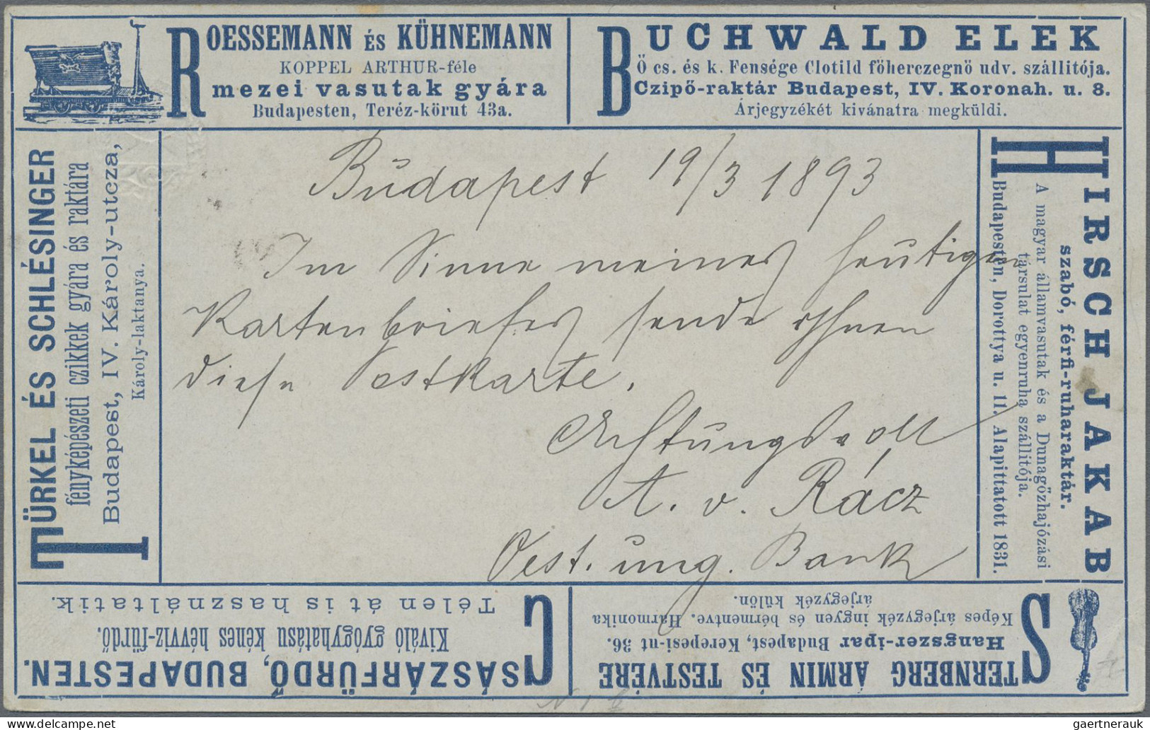 Thematics: Advertising Postal Stationery: 1892/1897, Ungarn, 2 Kr Blau Privat-An - Other