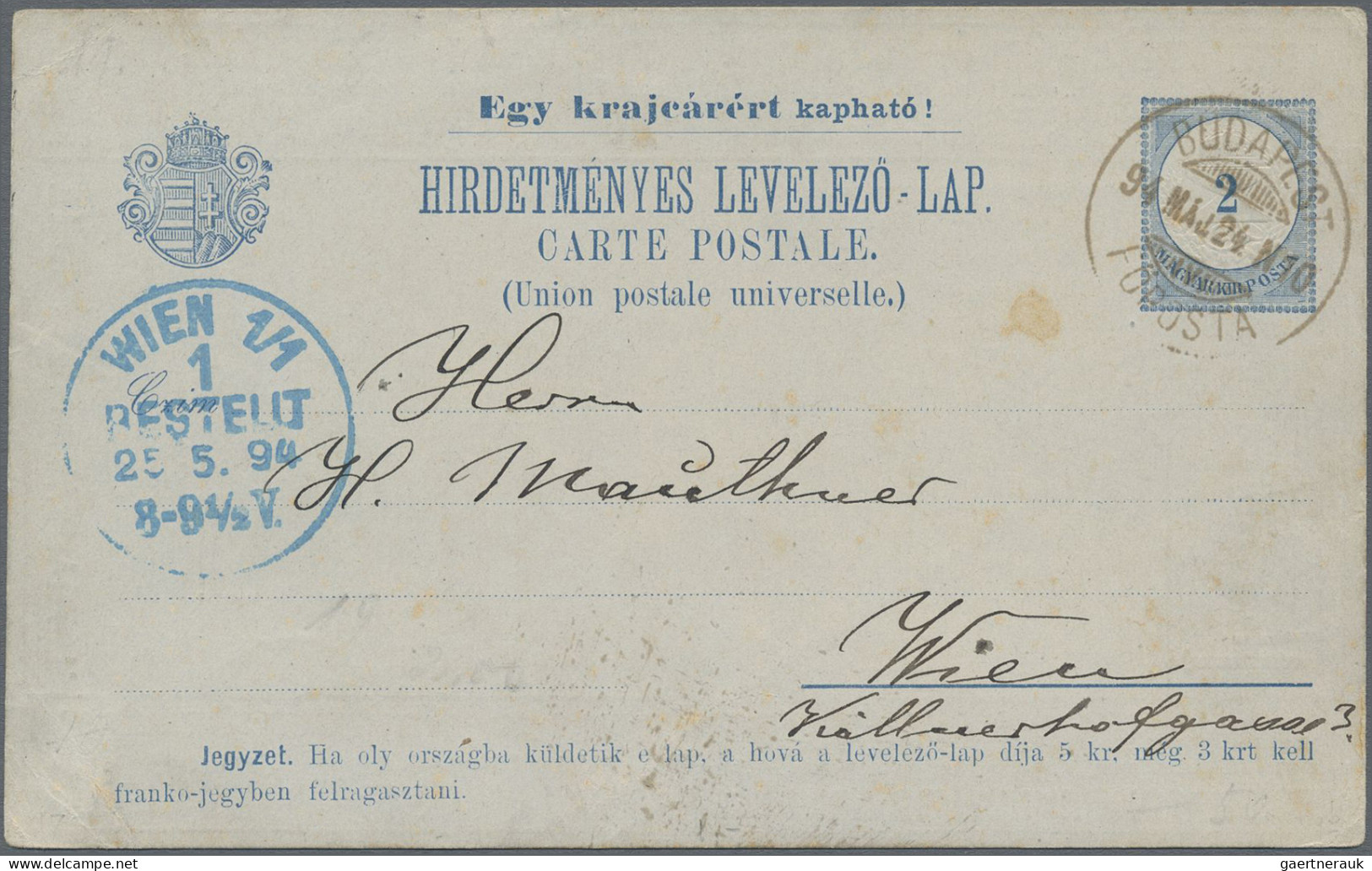 Thematics: Advertising Postal Stationery: 1892/1897, Ungarn, 2 Kr Blau Privat-An - Autres