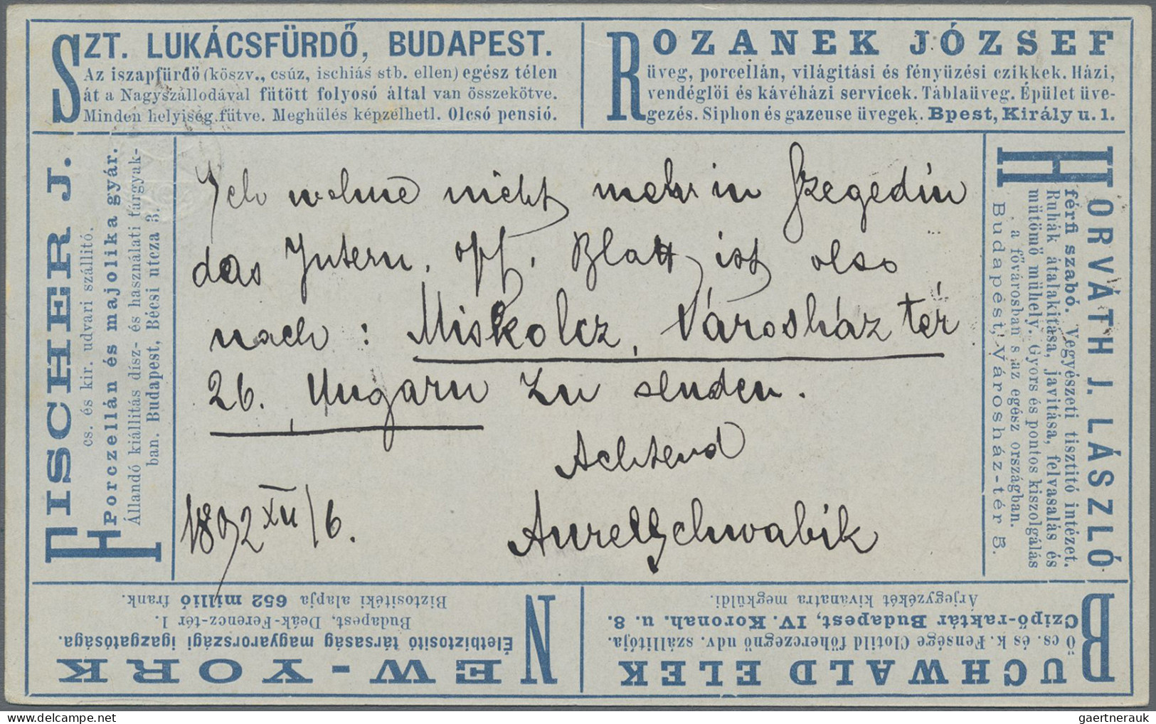 Thematics: advertising postal stationery: 1892/1897, Ungarn, 2 Kr blau Privat-An