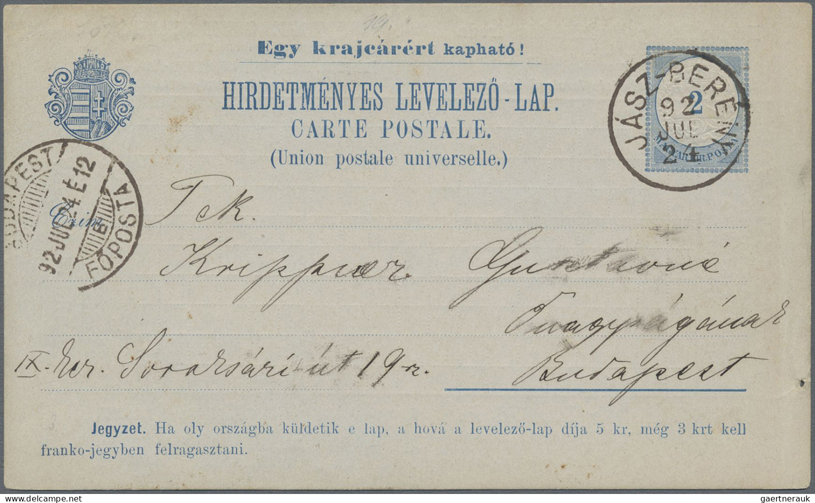 Thematics: advertising postal stationery: 1892/1897, Ungarn, 2 Kr blau Privat-An