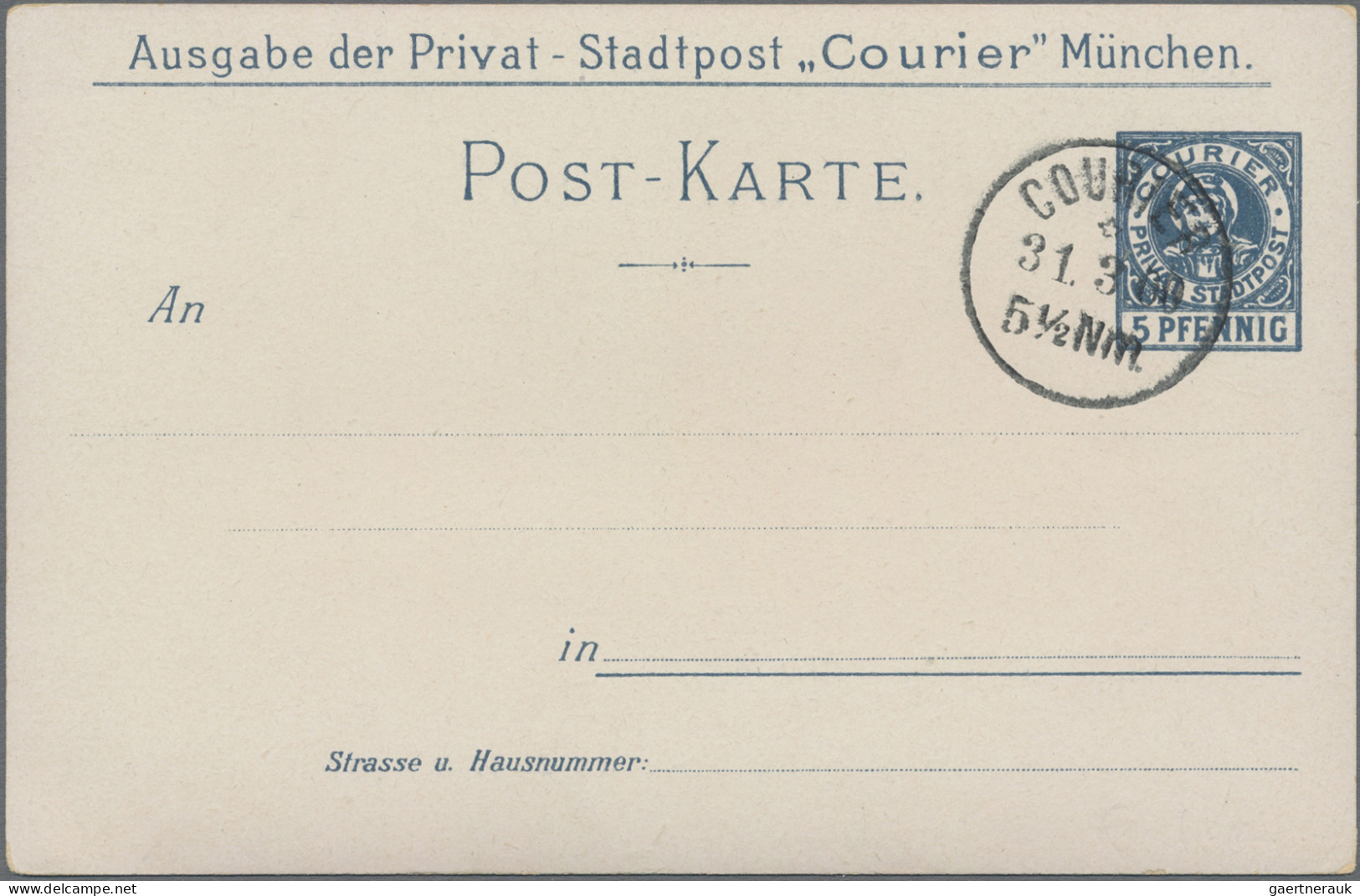 Thematics: Bicycle: 1897, Privat-Stadtpost "Courier" München, Bildpostkarte 5 Pf - Cycling