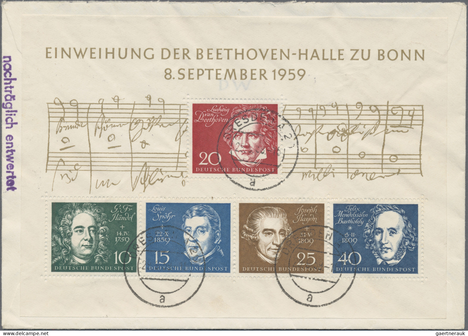Thematics: Music-composers: 1959, Beethoven Souvenir Sheet Of West-Germany On Re - Musique
