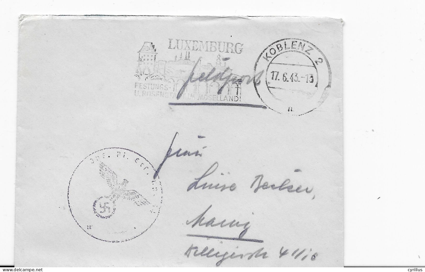 FELDPOSTBRIEF - LUXEMBURG - KOBLENZ 1943 - 1940-1944 Occupation Allemande