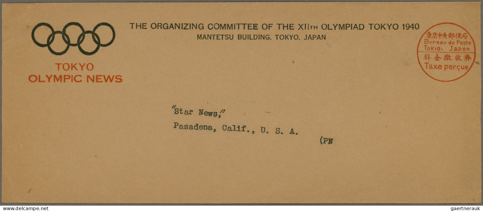 Thematics: Olympic Games: 1940, Tokyo, Preprinted Envelope "The Organizing Commi - Sonstige & Ohne Zuordnung