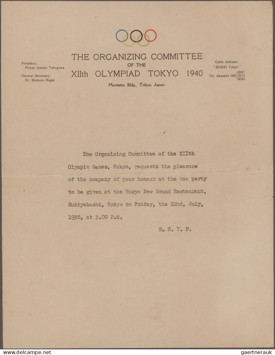 Thematics: Olympic Games: 1940, Tokyo, Organizing Committee Letterhead On Invita - Andere & Zonder Classificatie