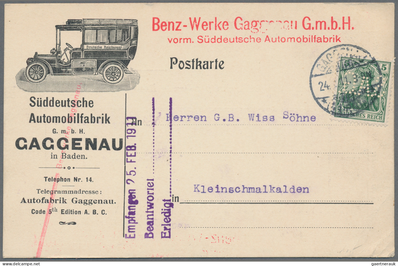 Thematics: Traffic-car: SÜDDEUTSCHE AUTOMOBILFABRIK GAGGENAU, Dt.Reich 5 Pf Germ - Voitures