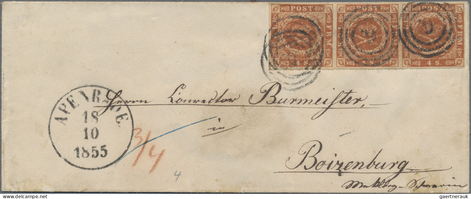 Denmark: 1854 4s. Orange-brown Horiz. Strip Of Three Used On Small Sealed Cover - Other & Unclassified