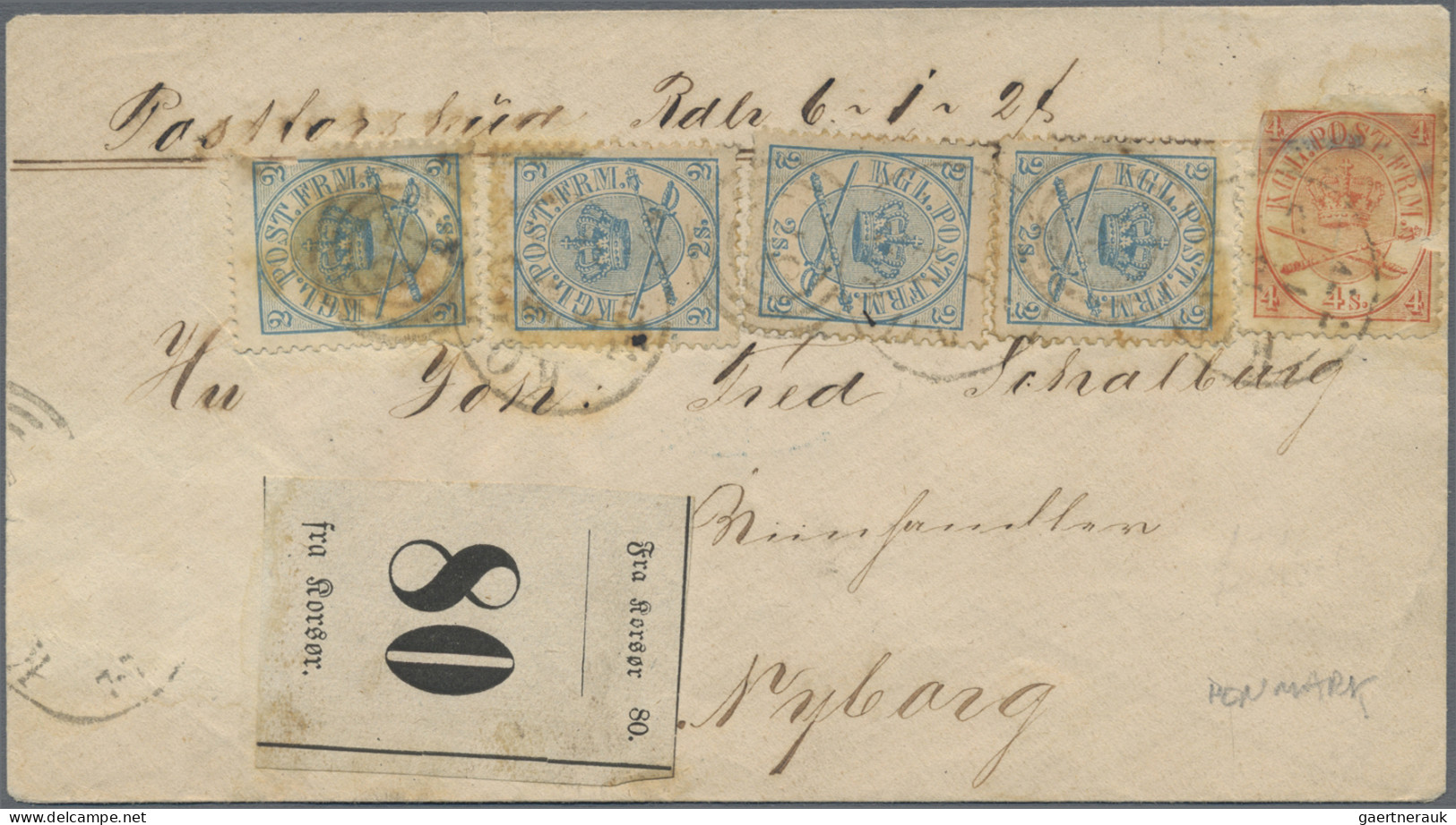 Denmark: 1864/70 'Coat Of Arms' 2s. Blue Four Singles And 4s. Red Used On Cover - Lettres & Documents