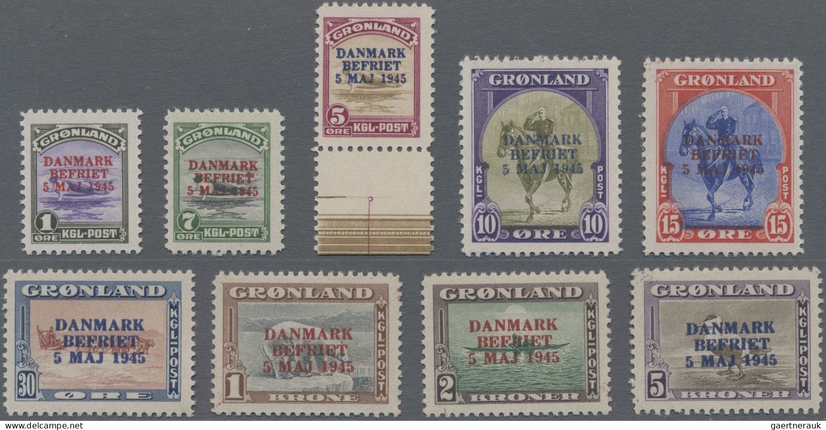 Greenland: 1945 'Liberation Of Denmark' Complete Set Of 9, Mint Never Hinged, Fr - Cartas & Documentos