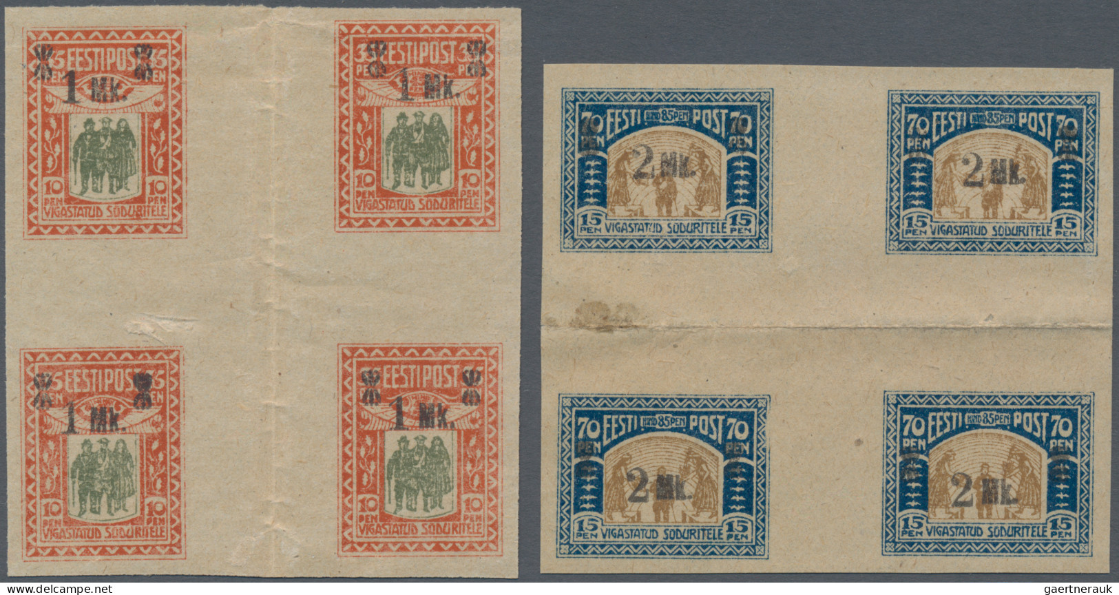 Estonia: 1920, War Victims Relief, Both Values As Cross Gutter Block Of Four, Mi - Estonie