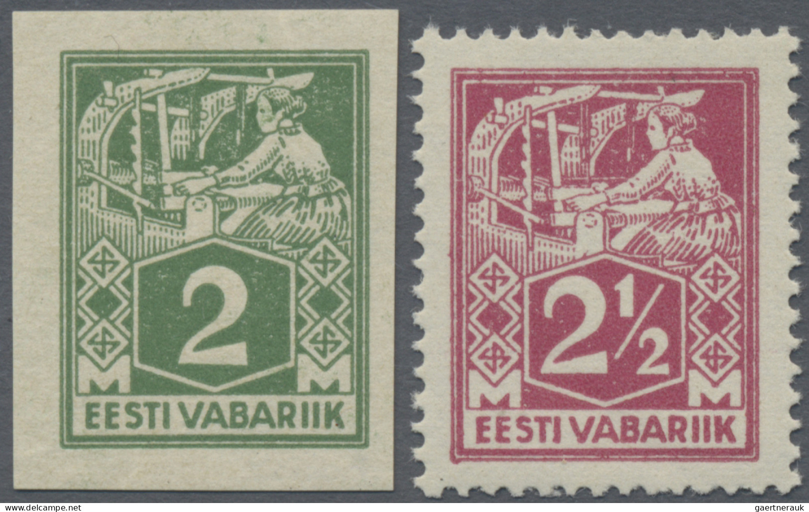 Estonia: 1922, Weaver 2m. Green, Imperforate Proof And 2½m. Claret, Both On Sati - Estonie