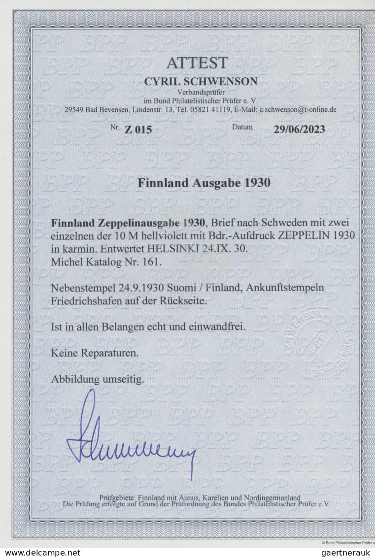 Finland: 1930, 10 M Violett, Overprinted "ZEPPELIN 1930" In Red, Two Times Tied - Brieven En Documenten