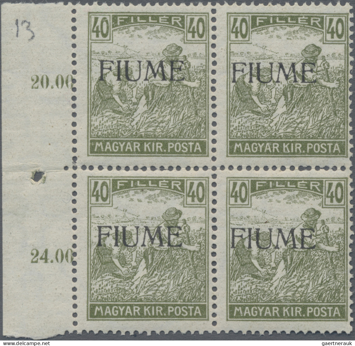 Fiume: 1919, Hungarian 40 F Olive Green, Machine Overprinted "FIUME", Mnh Block - Fiume