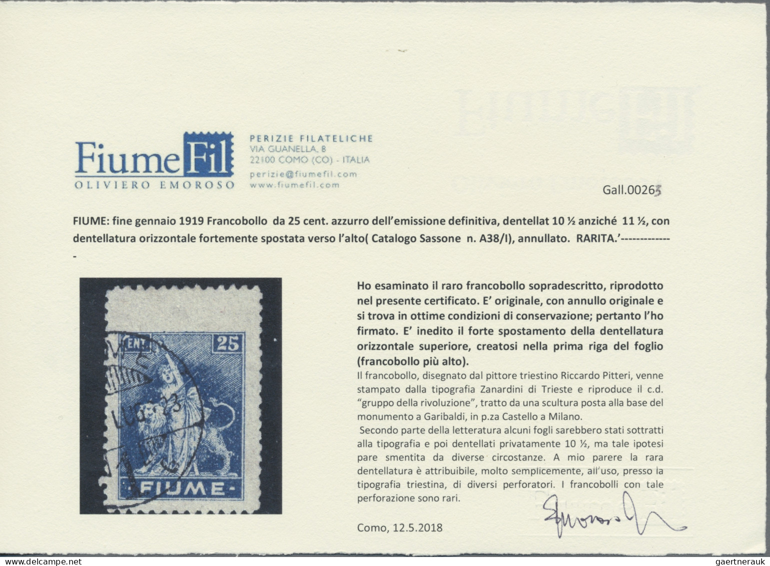 Fiume: 1919, 25 C Blue, Perforation 10 ½ (instead Of 11½), Upper Perforation Str - Fiume