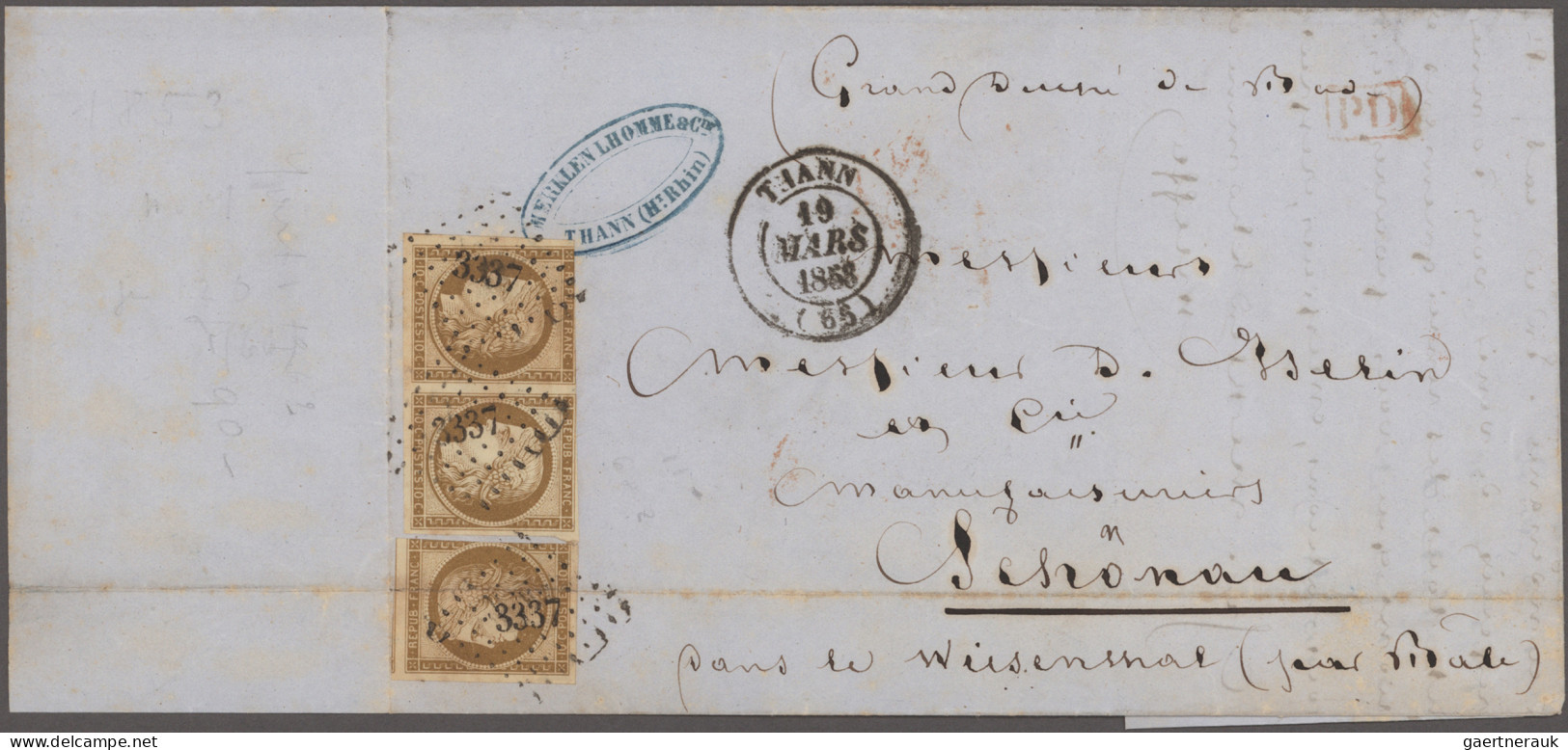 France: 1850, Ceres 10c. Bistre, Single Stamp And Horizontal Pair, Fresh Colour - Covers & Documents