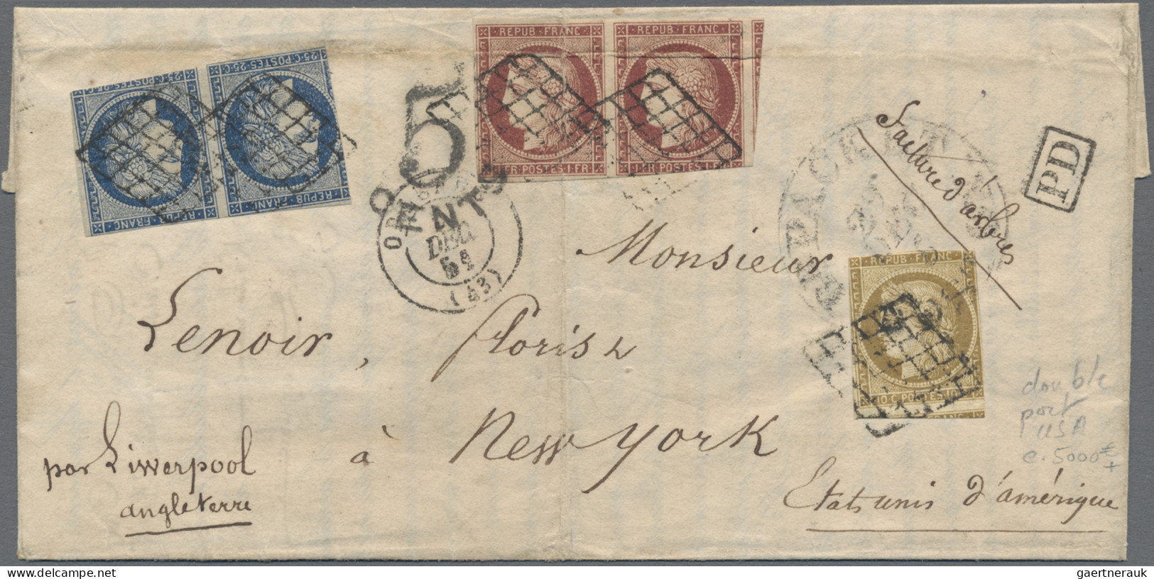 France: 1849 Ceres 1fr. Pair, 25c. Pair And 10c. Used On Printed Letter (Horticu - Briefe U. Dokumente