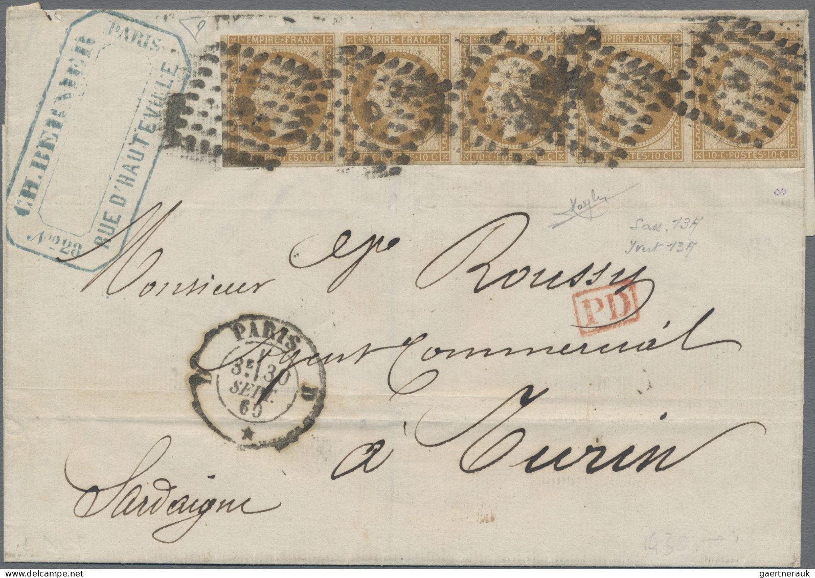 France: 1860 'Napoleon' 10c. Light Brown IMPERF STRIP OF FIVE, Used On Cover Fro - Brieven En Documenten