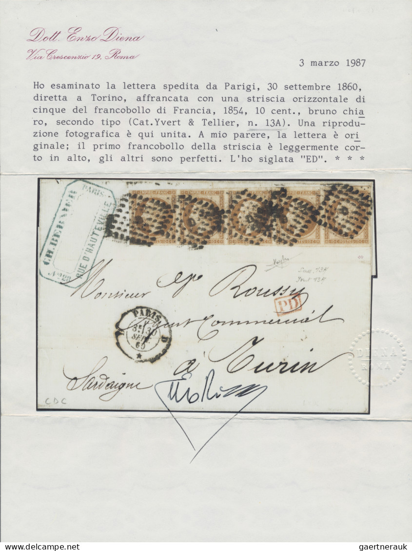 France: 1860 'Napoleon' 10c. Light Brown IMPERF STRIP OF FIVE, Used On Cover Fro - Brieven En Documenten