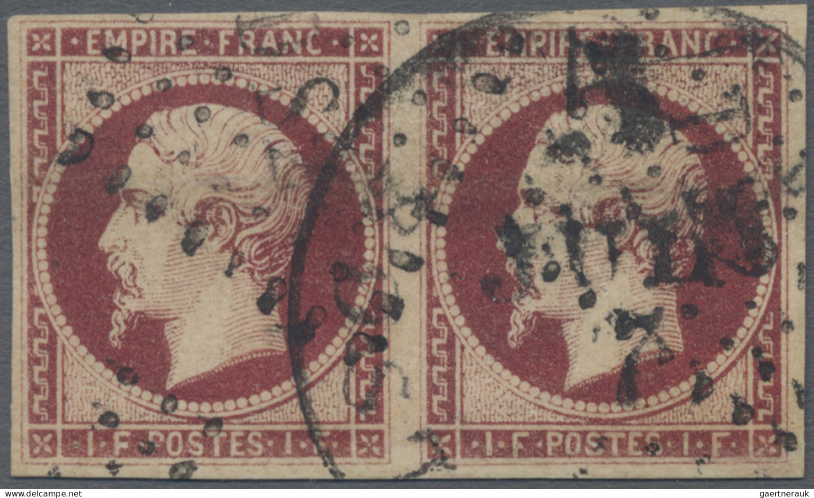 France: 1853 Napoleon 1fr. Carmine, Horizontal Pair, Used And Cancelled By "DS2" - Gebraucht