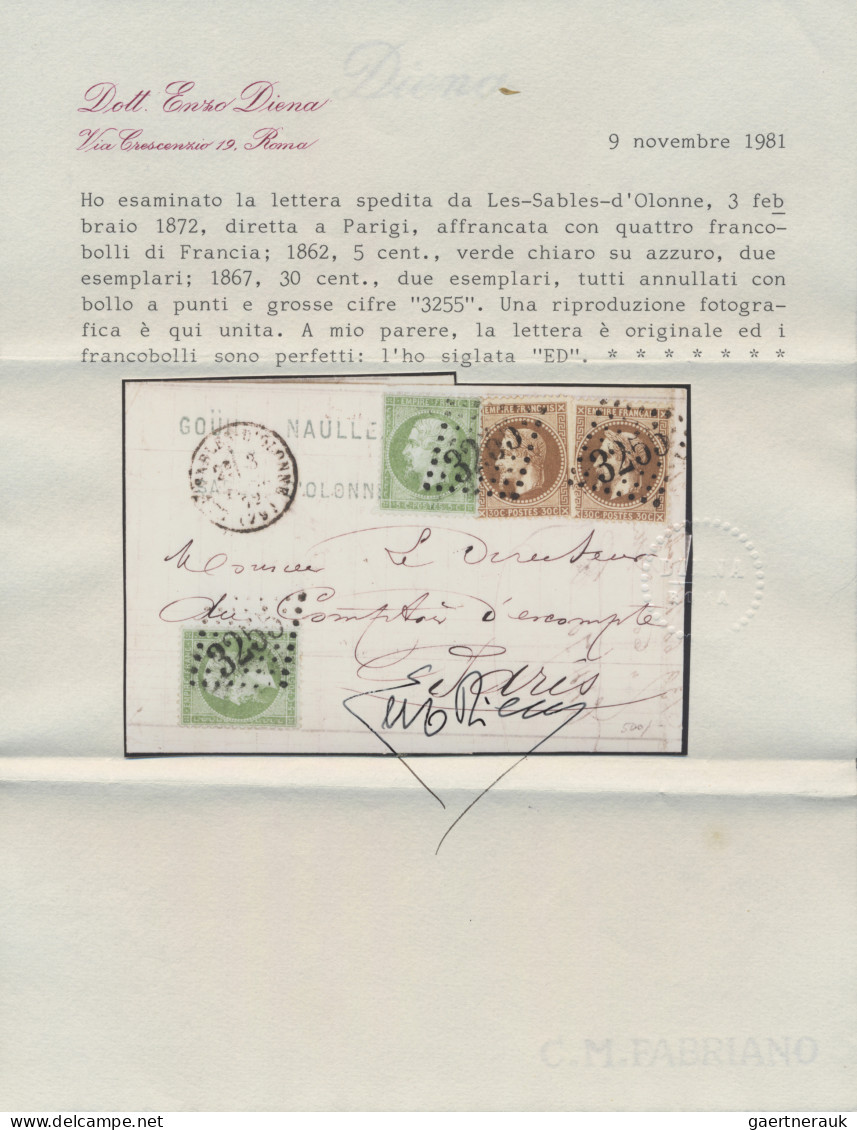 France: 1862 5c. Green On Bluish Paper, Two Singles, Used Along With Two Singles - Sonstige & Ohne Zuordnung