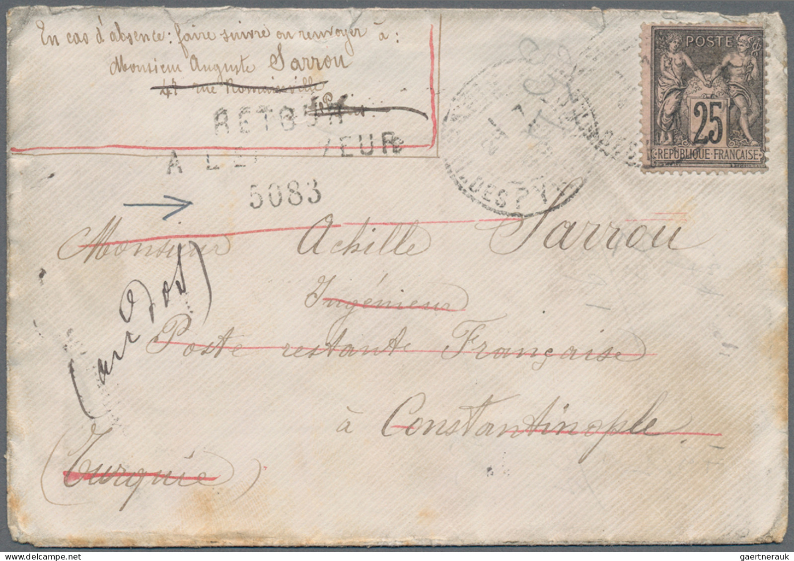 French Post Offices In The Levant: 1899 Cover From Paris To Constantinople And B - Autres & Non Classés