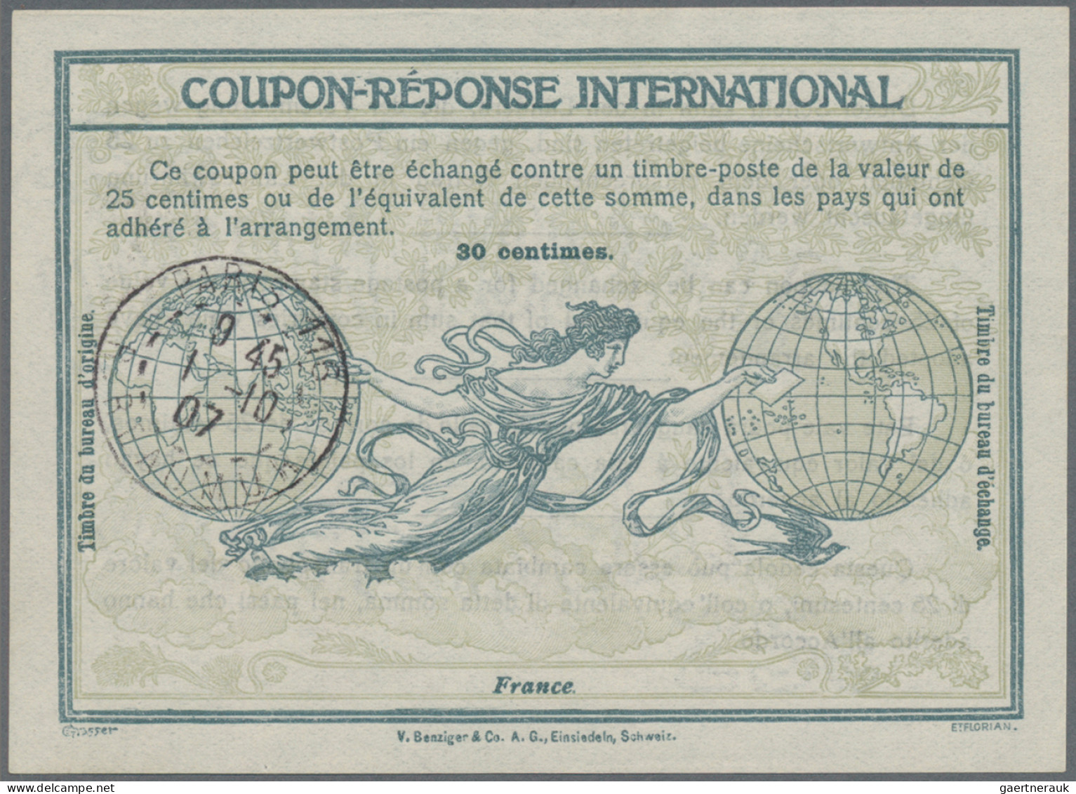 France - Postal Stationery: 1907 Intern. Reply Coupon "Rom" Type IV 30c. With Fi - Sonstige & Ohne Zuordnung