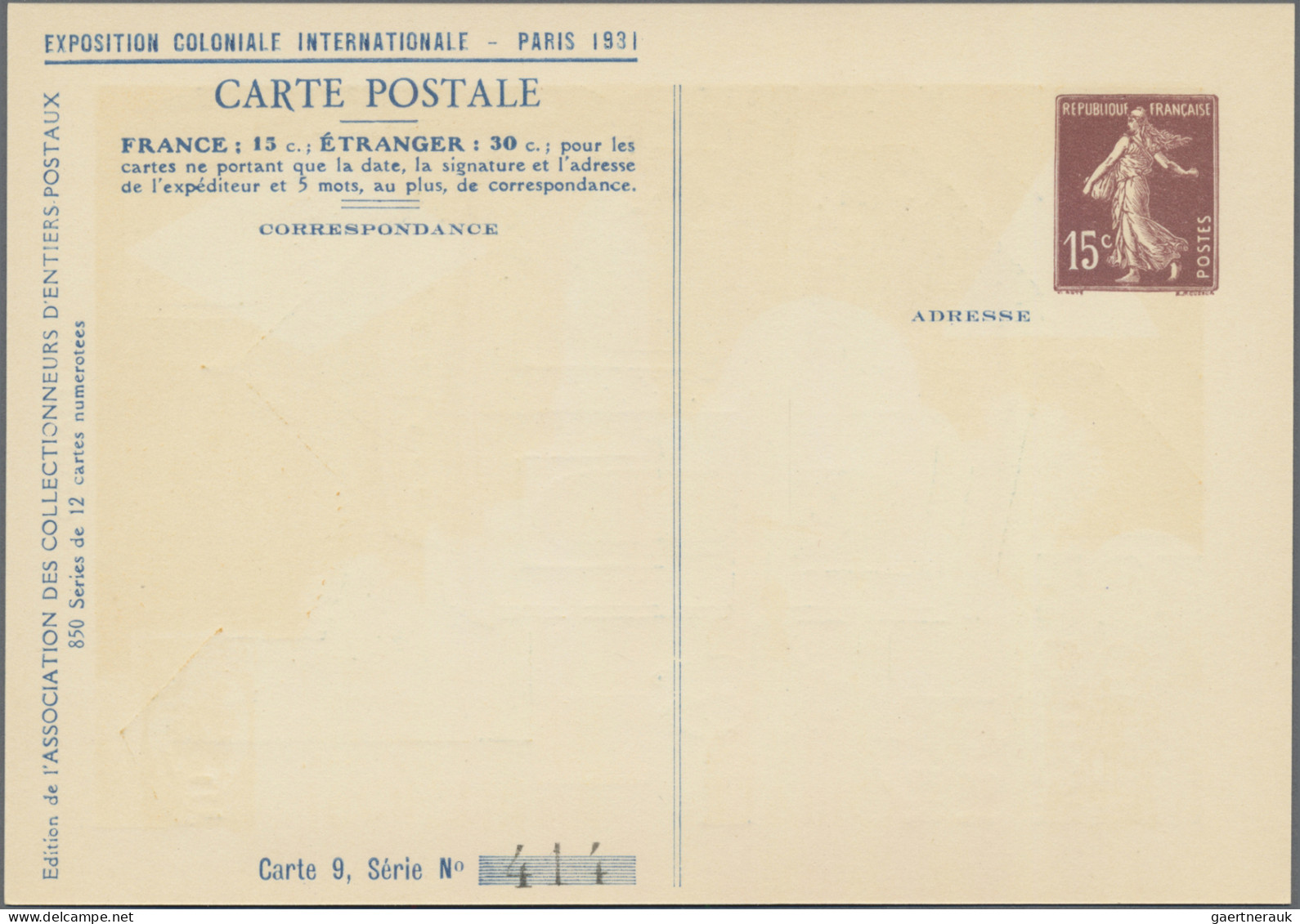 France - Postal stationery: 1931, 15c. Semeuse, printed-to-order stationery card