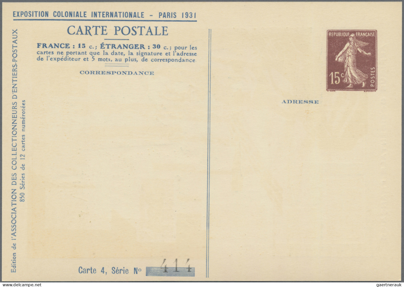 France - Postal stationery: 1931, 15c. Semeuse, printed-to-order stationery card