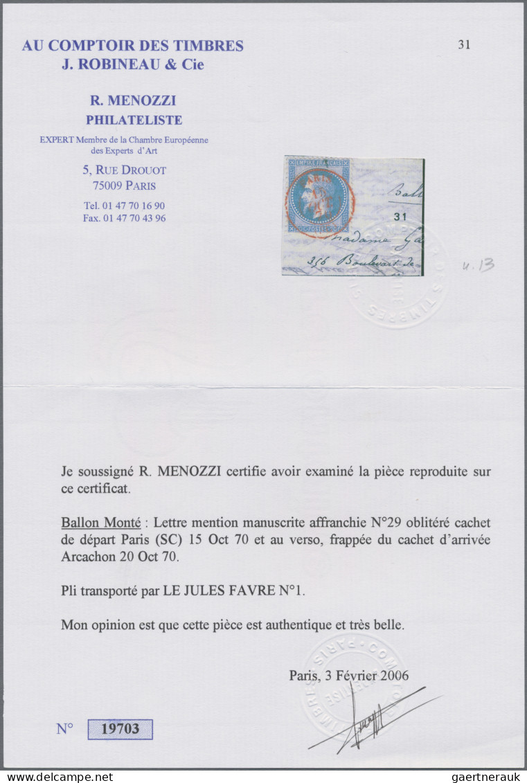 France - Ballon Monté: 1870, Ballon Monté, Franked With 20 C Blue, Tied By RED " - 1960-.... Covers & Documents