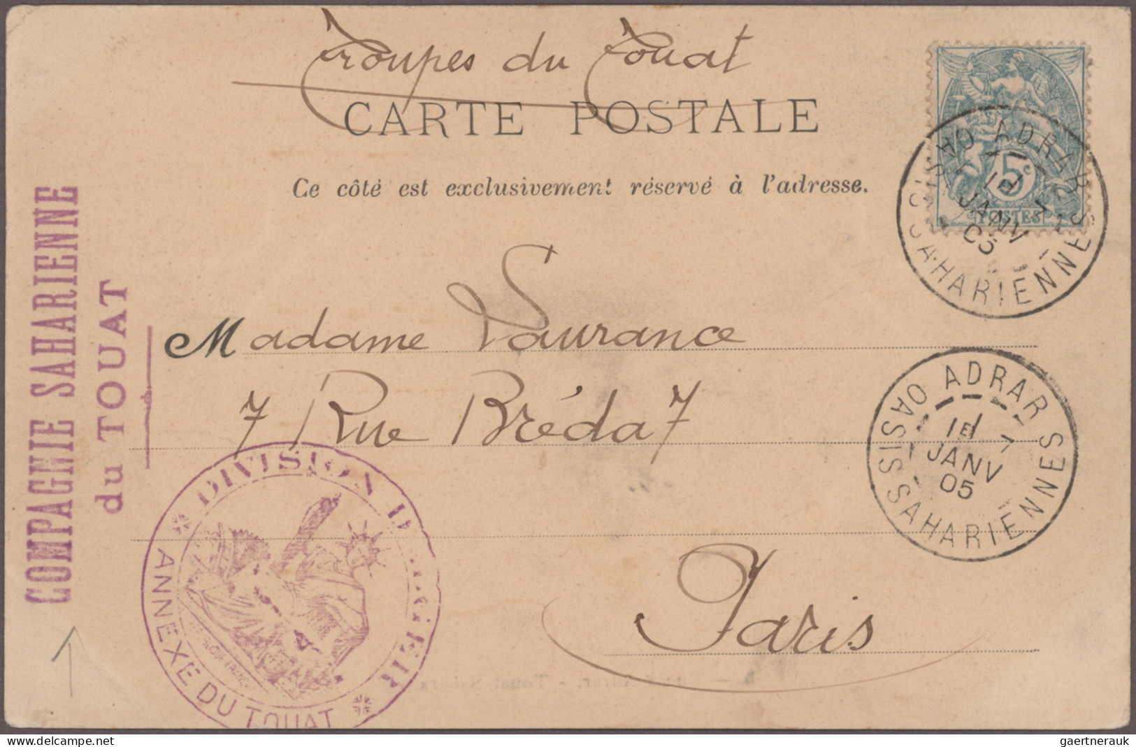 France - Field Post: 1905,"COMPAGNIE SAHARIENNE Du TOUAT", Violet L2, Together W - Militärische Franchisemarken