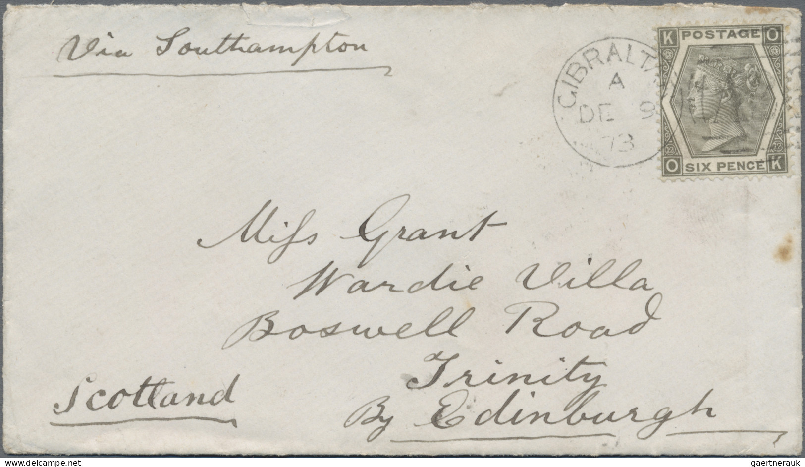 Gibraltar: 1873, 6d Grey Tied Duplex "A26 + Gibraltar DE 9 73" To Small Cover To - Gibraltar