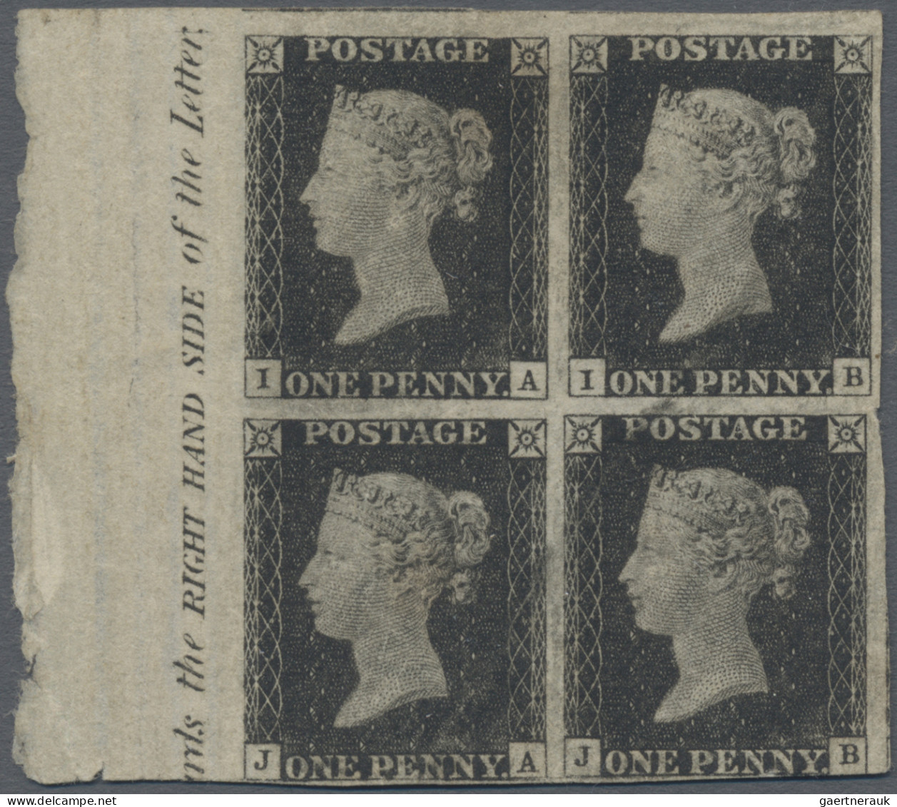 Great Britain: 1840 1d. Grey-black, Plate 2, MARGINAL BLOCK OF FOUR (IA/JB) From - Autres & Non Classés